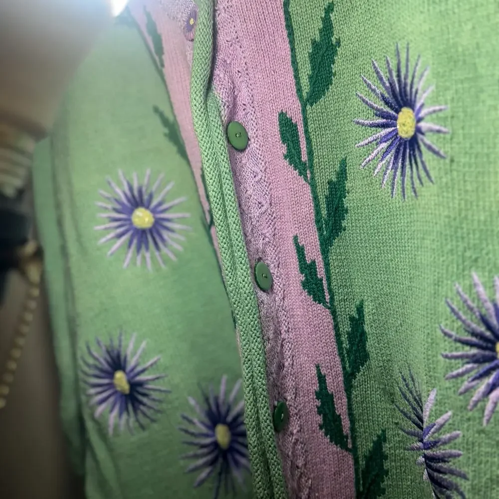 Vtg Storybook Knits Pastel Flower Cardigan Purple Green Cottagecore Large 90s - Picture 6 of 7